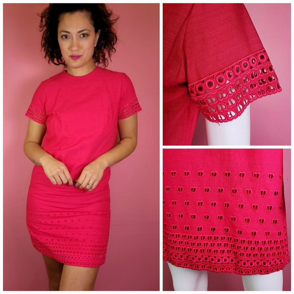 Size Small Vintage 1960's Magenta Shift Dress with Eyelet Cut Out Heart Detail